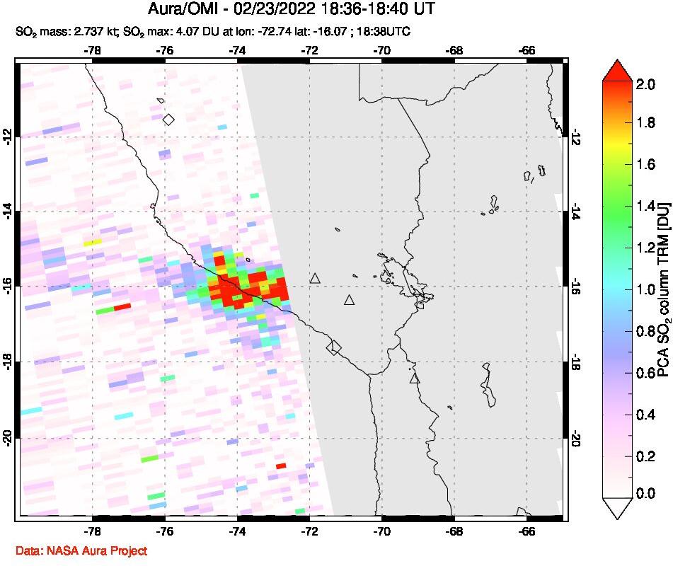 A sulfur dioxide image over Peru on Feb 23, 2022.