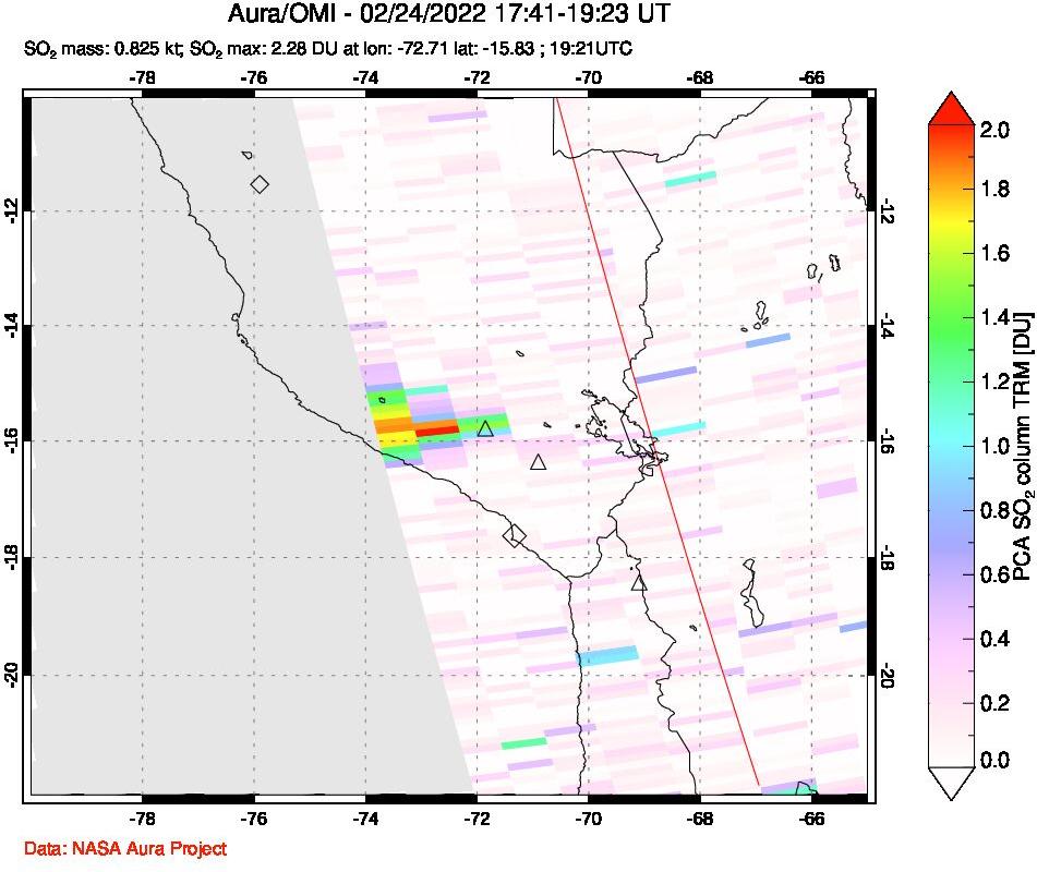 A sulfur dioxide image over Peru on Feb 24, 2022.