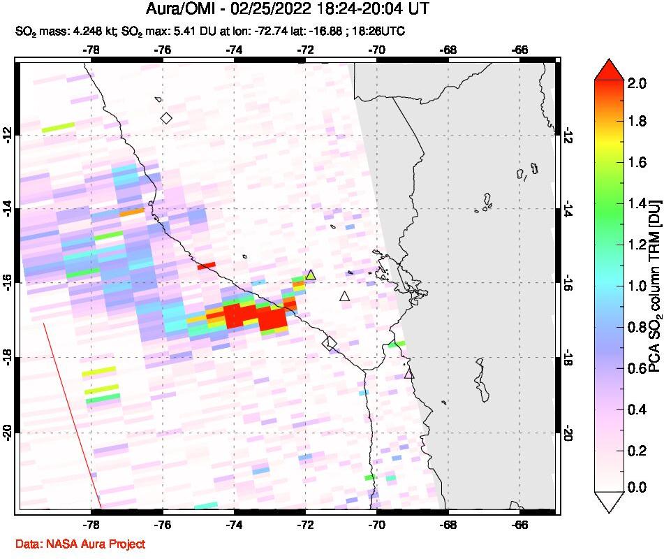 A sulfur dioxide image over Peru on Feb 25, 2022.