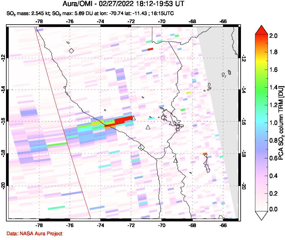 A sulfur dioxide image over Peru on Feb 27, 2022.