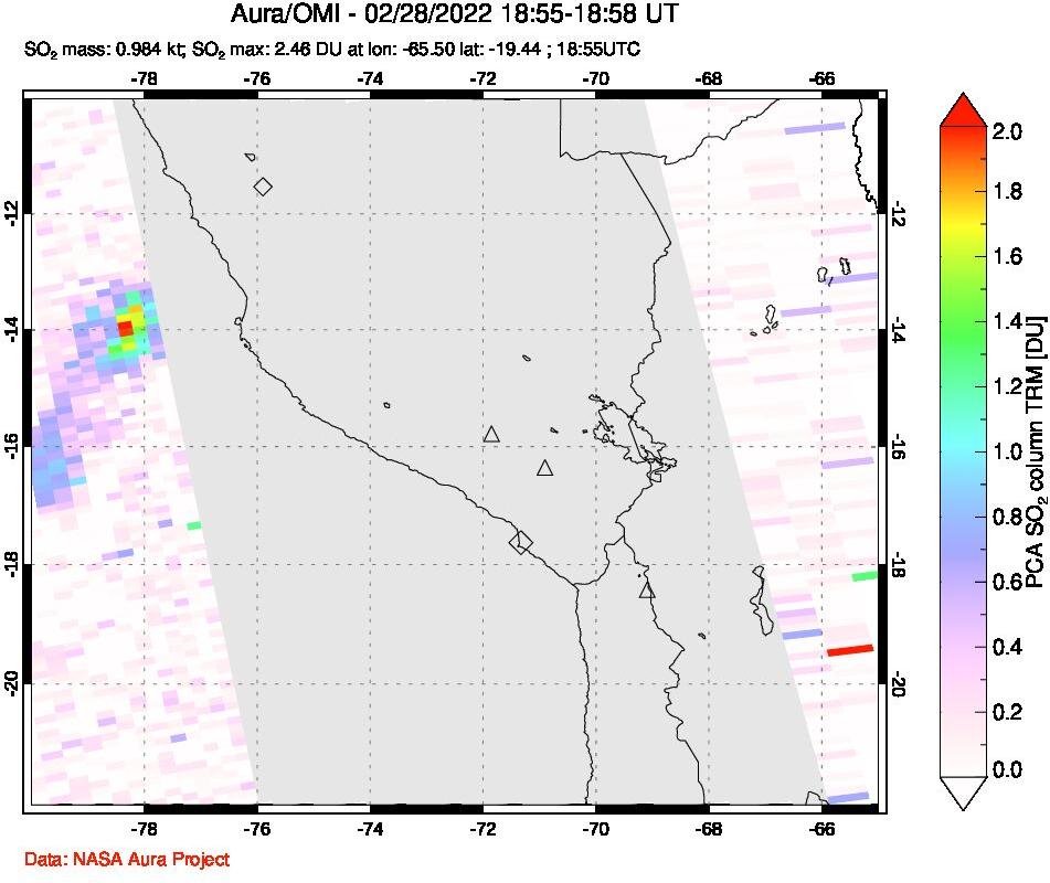 A sulfur dioxide image over Peru on Feb 28, 2022.