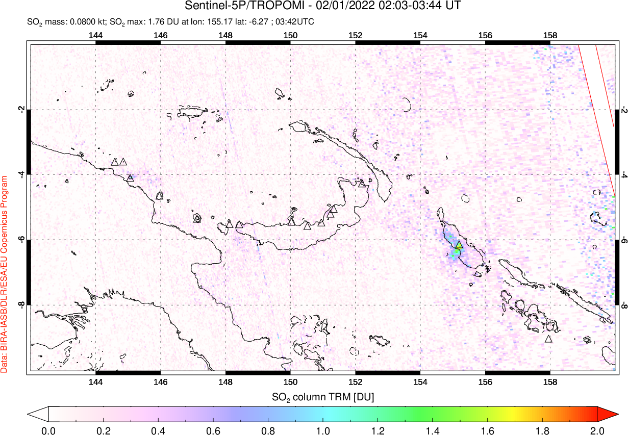 A sulfur dioxide image over Papua, New Guinea on Feb 01, 2022.