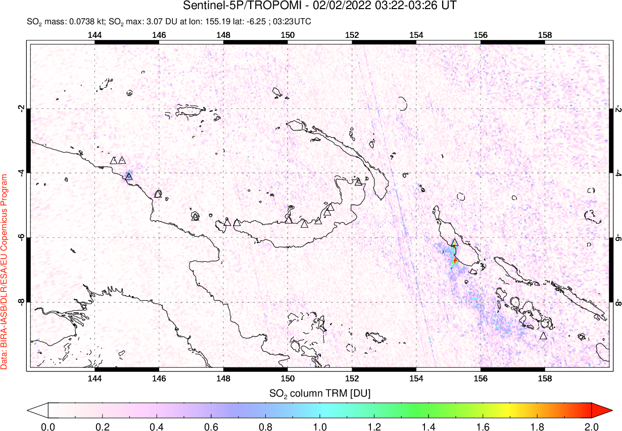 A sulfur dioxide image over Papua, New Guinea on Feb 02, 2022.