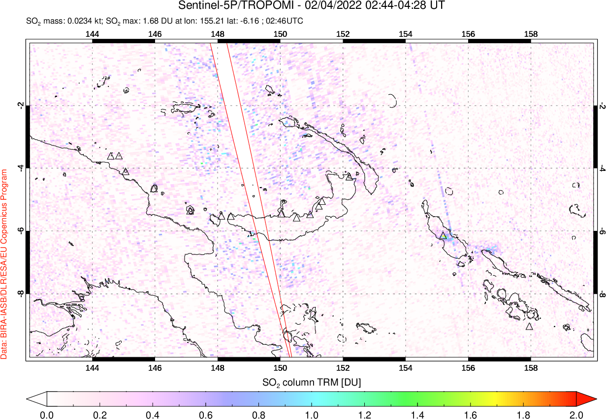 A sulfur dioxide image over Papua, New Guinea on Feb 04, 2022.