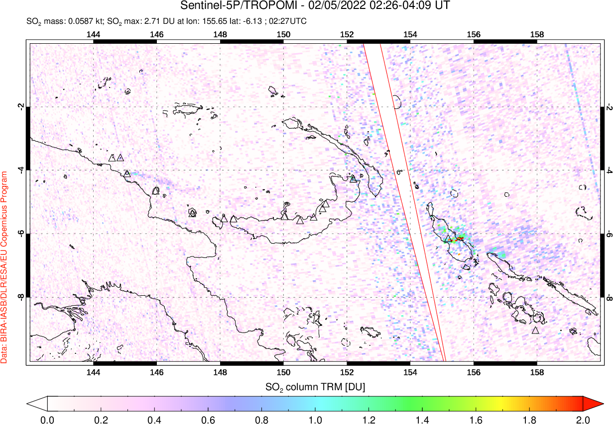 A sulfur dioxide image over Papua, New Guinea on Feb 05, 2022.
