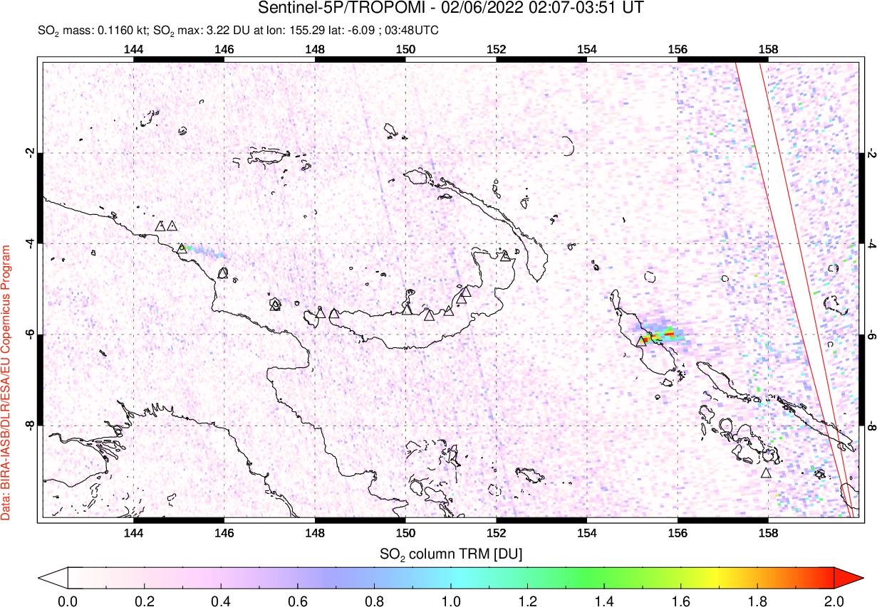A sulfur dioxide image over Papua, New Guinea on Feb 06, 2022.