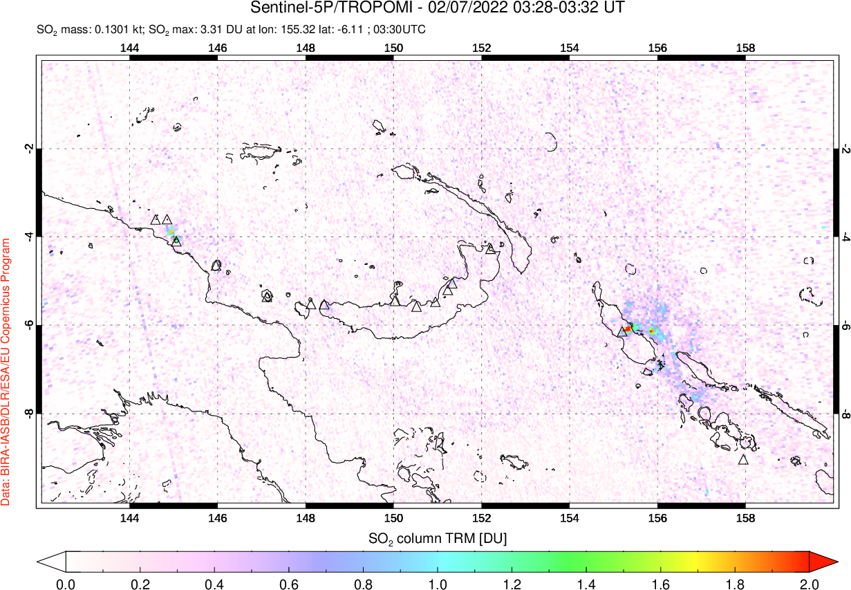 A sulfur dioxide image over Papua, New Guinea on Feb 07, 2022.