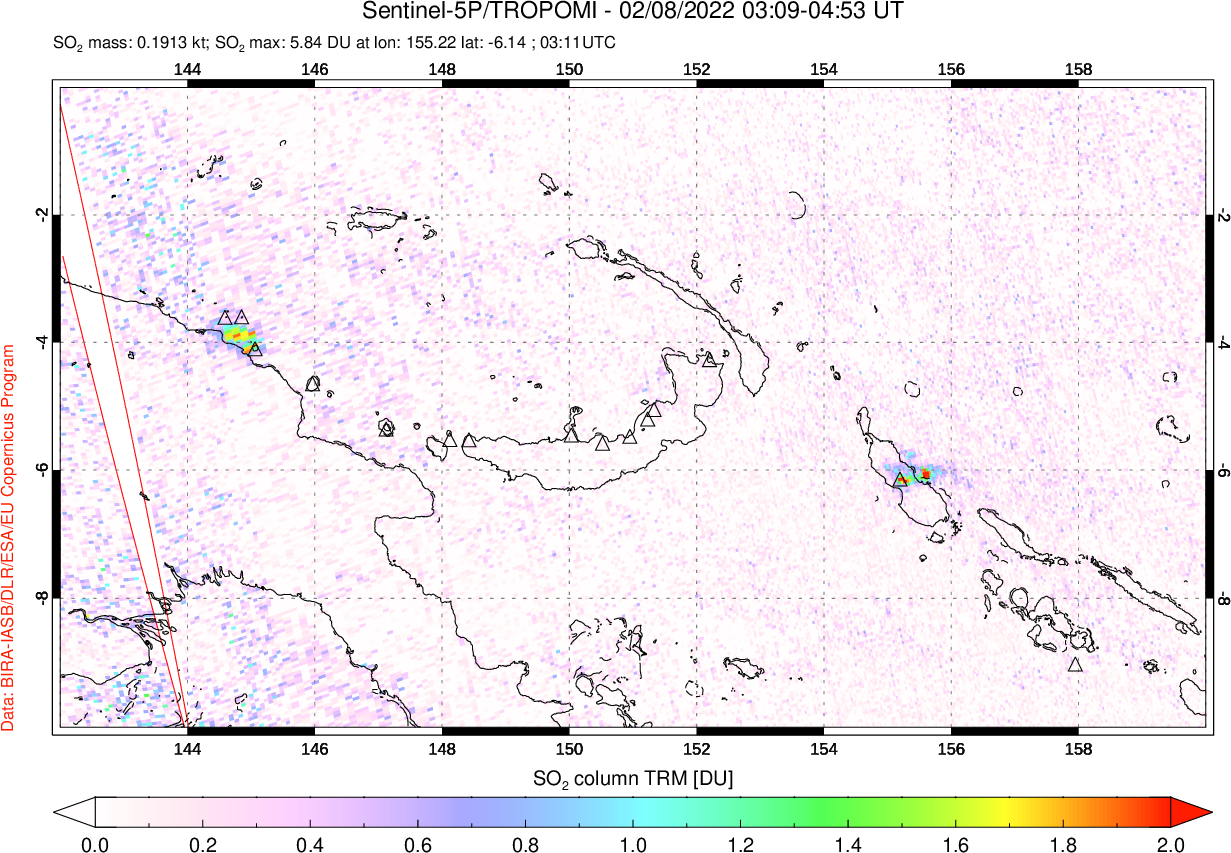 A sulfur dioxide image over Papua, New Guinea on Feb 08, 2022.