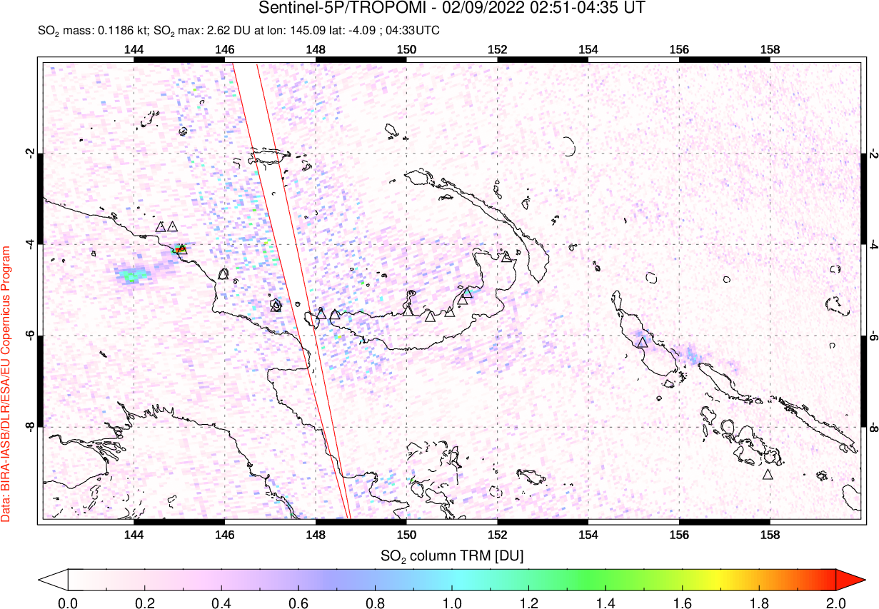 A sulfur dioxide image over Papua, New Guinea on Feb 09, 2022.