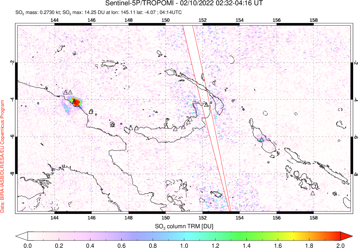 A sulfur dioxide image over Papua, New Guinea on Feb 10, 2022.