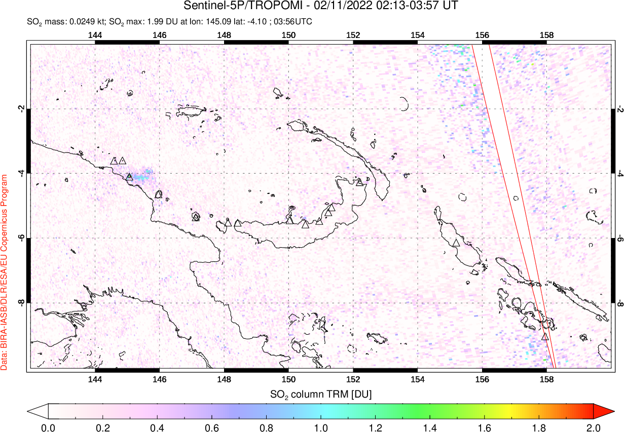 A sulfur dioxide image over Papua, New Guinea on Feb 11, 2022.