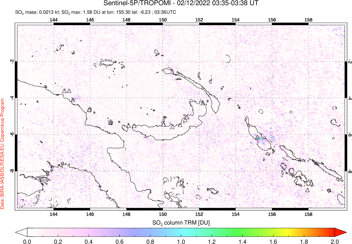 A sulfur dioxide image over Papua, New Guinea on Feb 12, 2022.