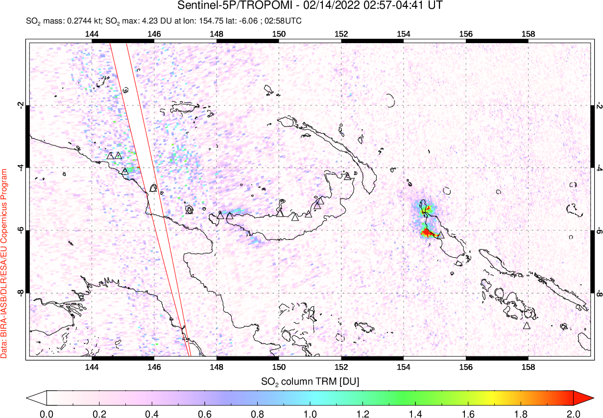 A sulfur dioxide image over Papua, New Guinea on Feb 14, 2022.