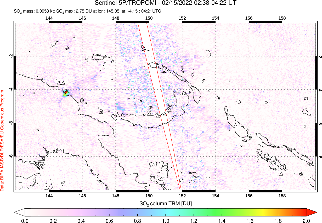 A sulfur dioxide image over Papua, New Guinea on Feb 15, 2022.