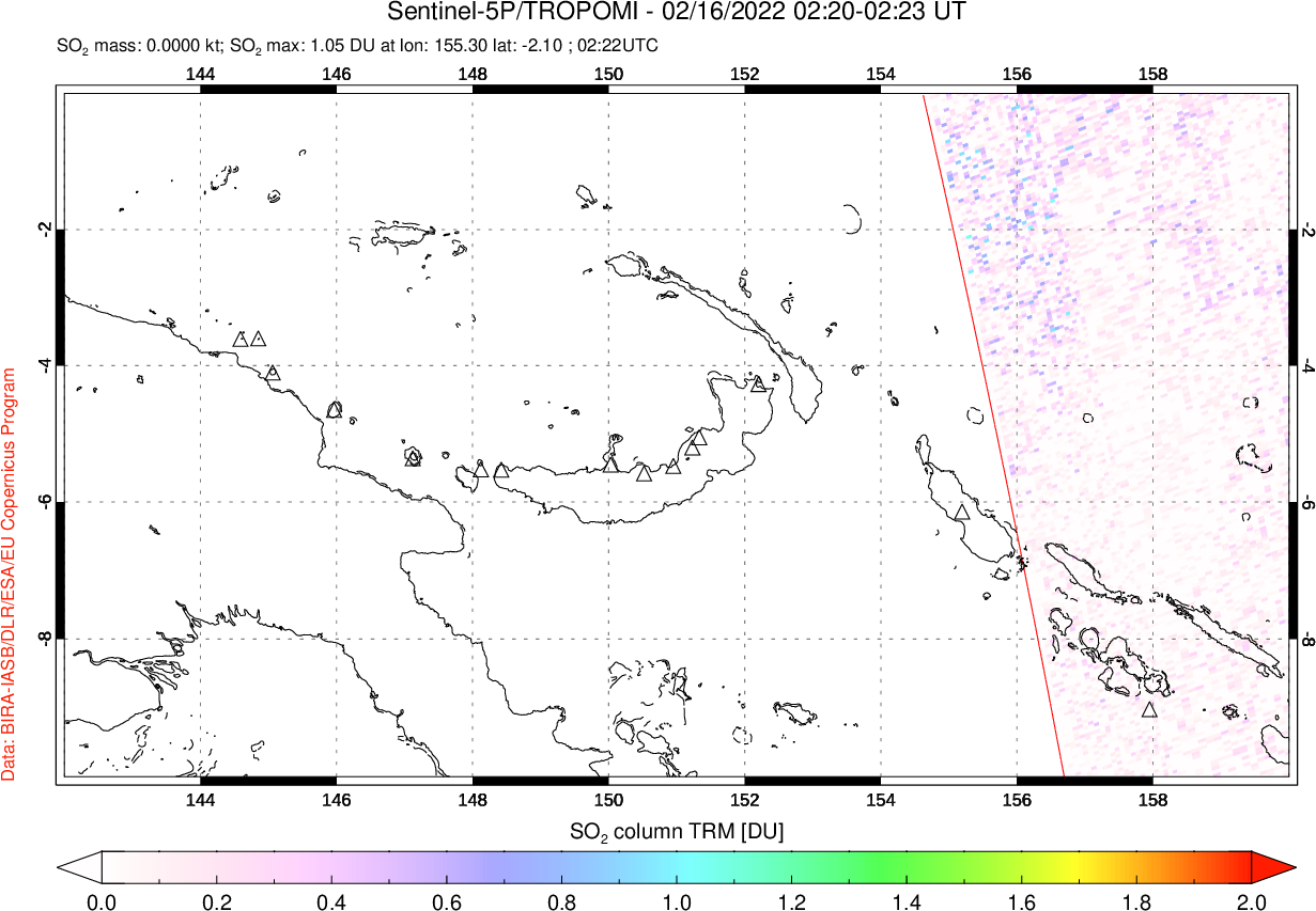 A sulfur dioxide image over Papua, New Guinea on Feb 16, 2022.