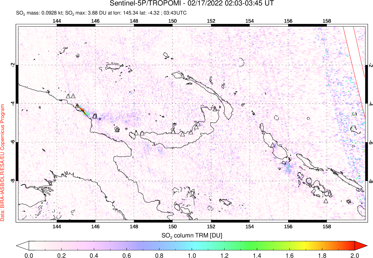 A sulfur dioxide image over Papua, New Guinea on Feb 17, 2022.