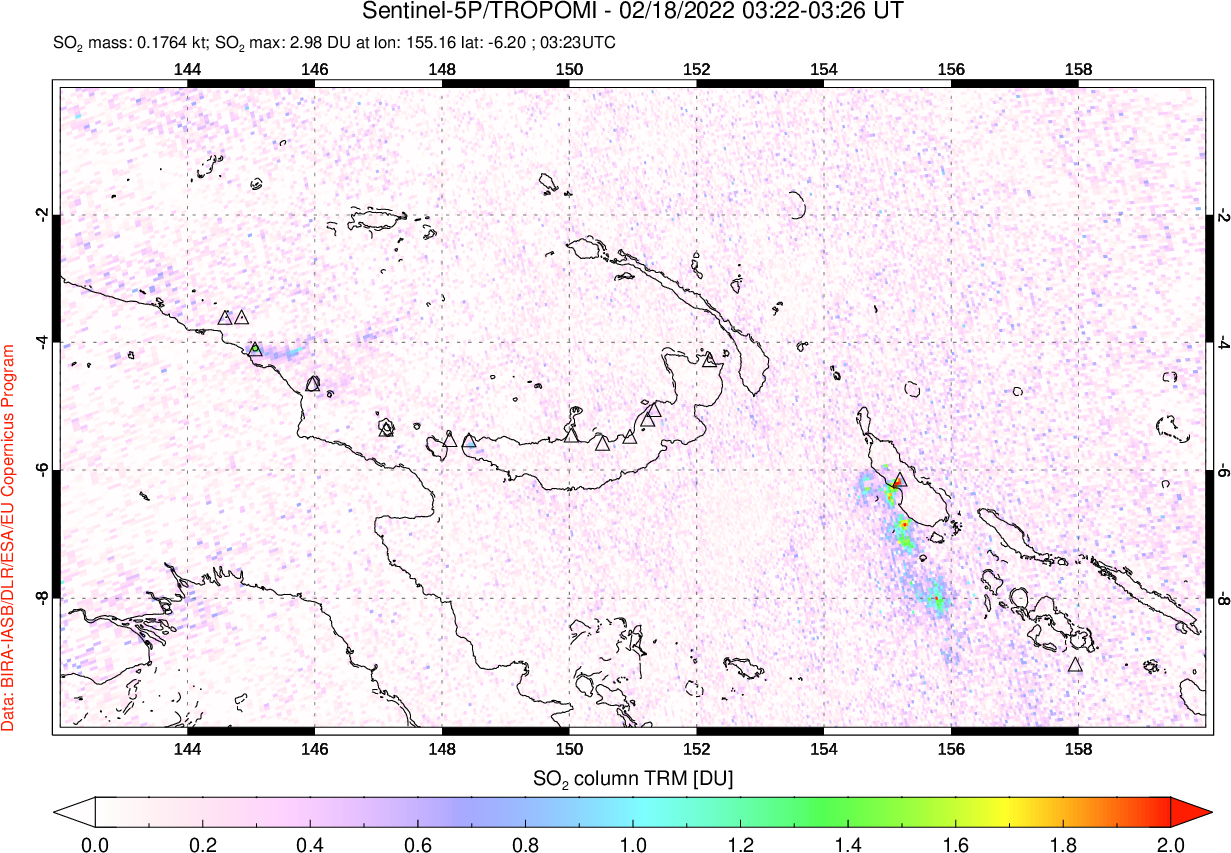 A sulfur dioxide image over Papua, New Guinea on Feb 18, 2022.