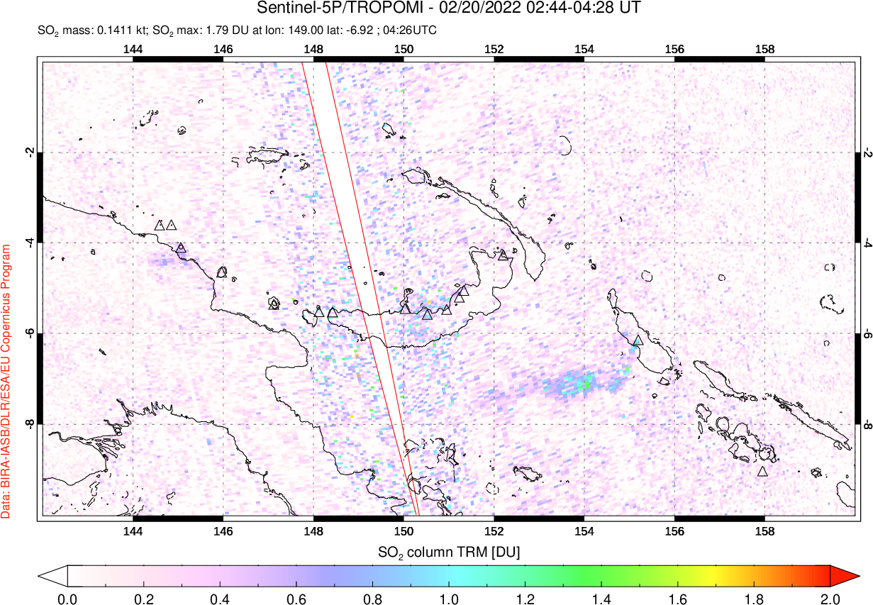 A sulfur dioxide image over Papua, New Guinea on Feb 20, 2022.