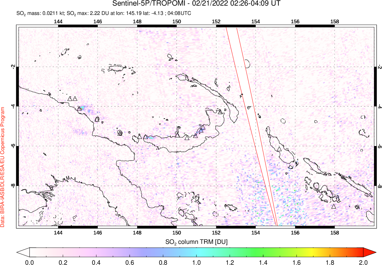 A sulfur dioxide image over Papua, New Guinea on Feb 21, 2022.