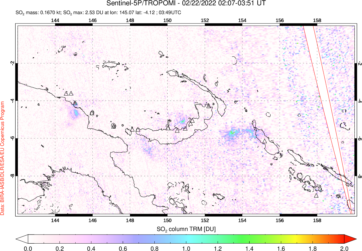 A sulfur dioxide image over Papua, New Guinea on Feb 22, 2022.