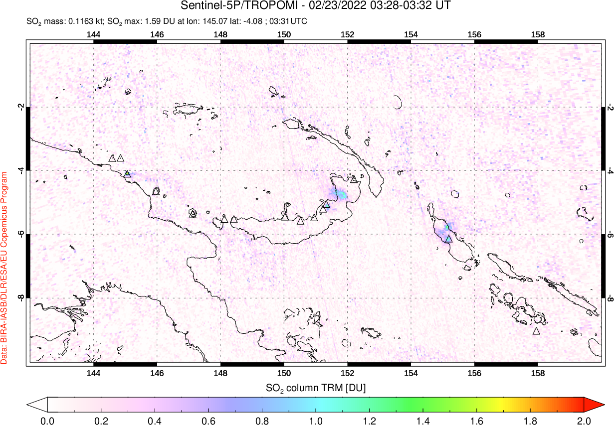 A sulfur dioxide image over Papua, New Guinea on Feb 23, 2022.