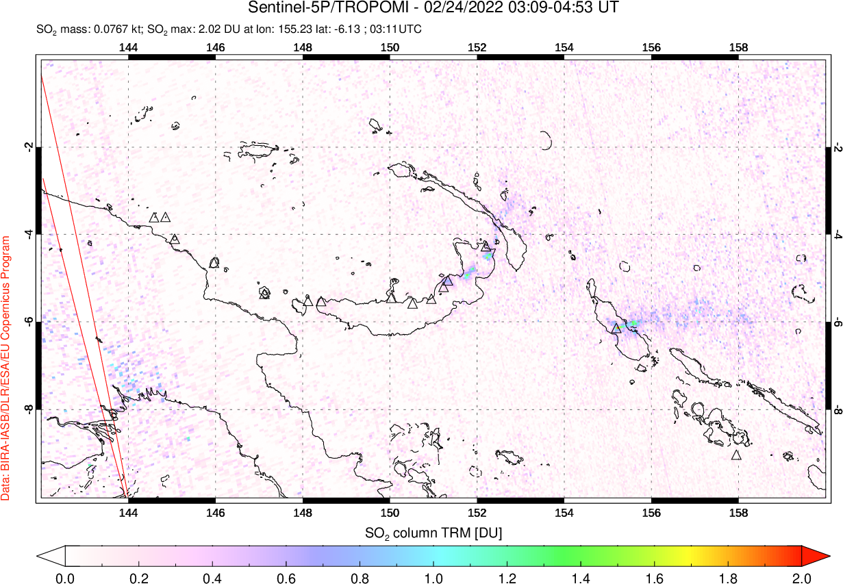 A sulfur dioxide image over Papua, New Guinea on Feb 24, 2022.