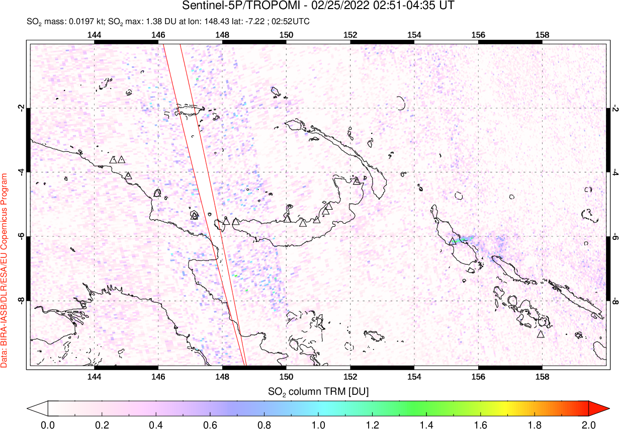 A sulfur dioxide image over Papua, New Guinea on Feb 25, 2022.