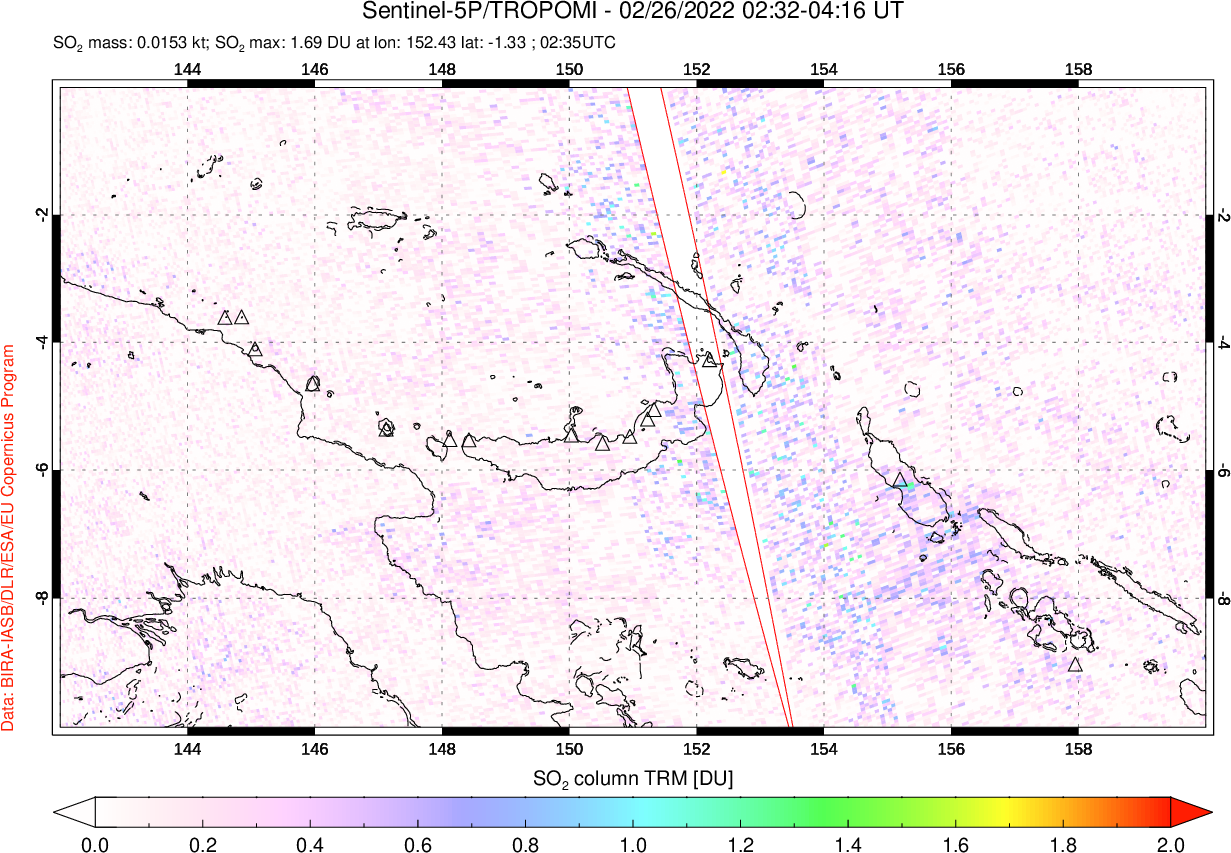 A sulfur dioxide image over Papua, New Guinea on Feb 26, 2022.