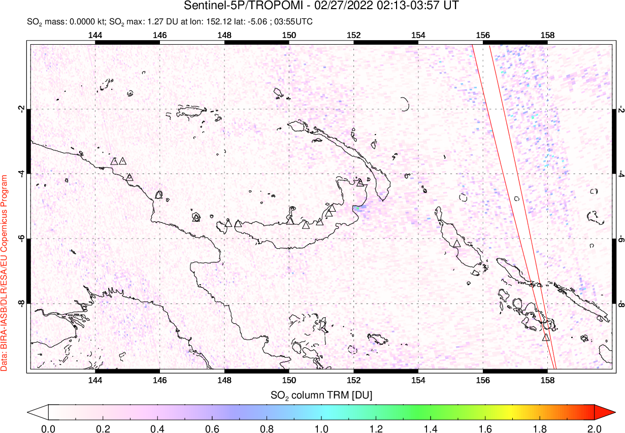 A sulfur dioxide image over Papua, New Guinea on Feb 27, 2022.