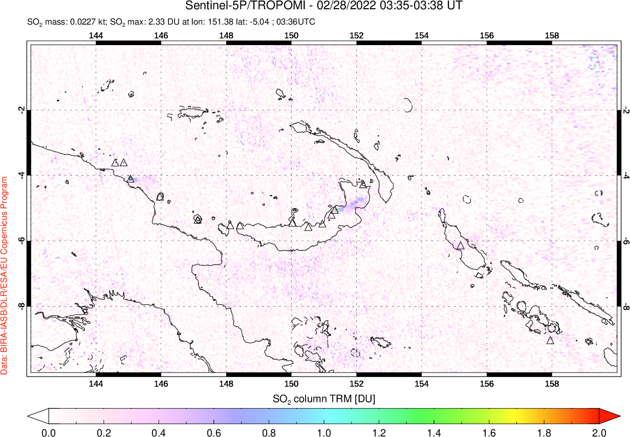 A sulfur dioxide image over Papua, New Guinea on Feb 28, 2022.