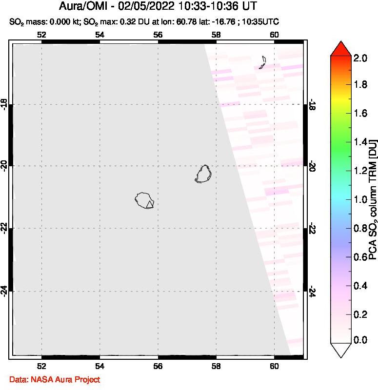 A sulfur dioxide image over Reunion Island, Indian Ocean on Feb 05, 2022.