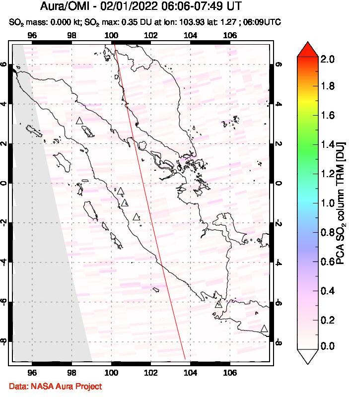 A sulfur dioxide image over Sumatra, Indonesia on Feb 01, 2022.