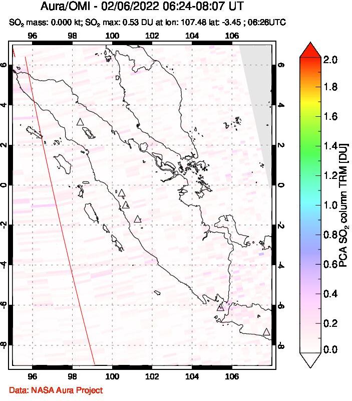 A sulfur dioxide image over Sumatra, Indonesia on Feb 06, 2022.