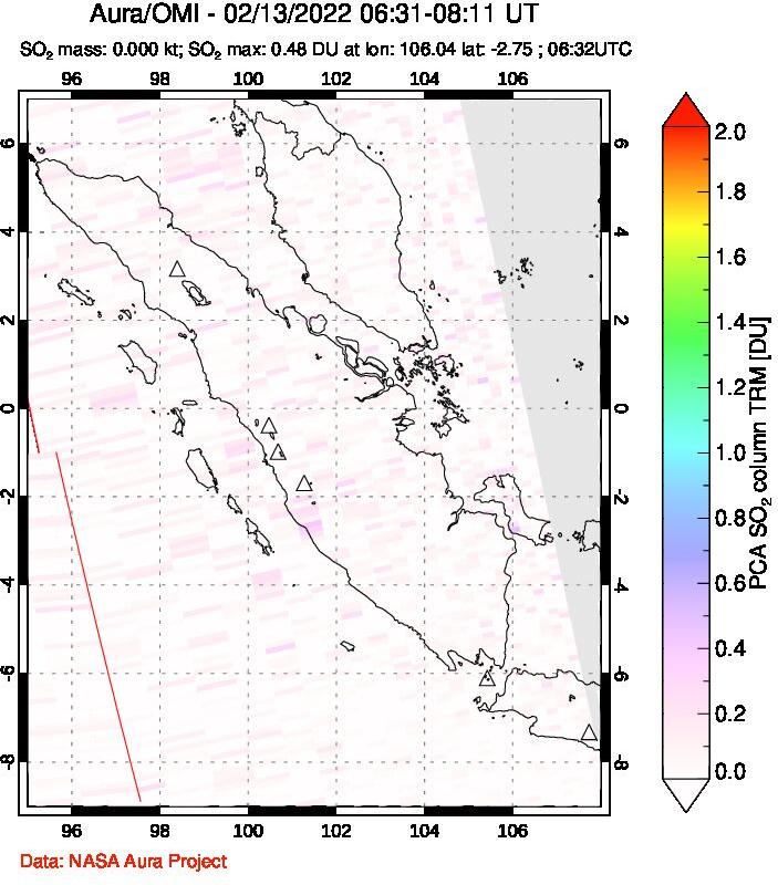 A sulfur dioxide image over Sumatra, Indonesia on Feb 13, 2022.