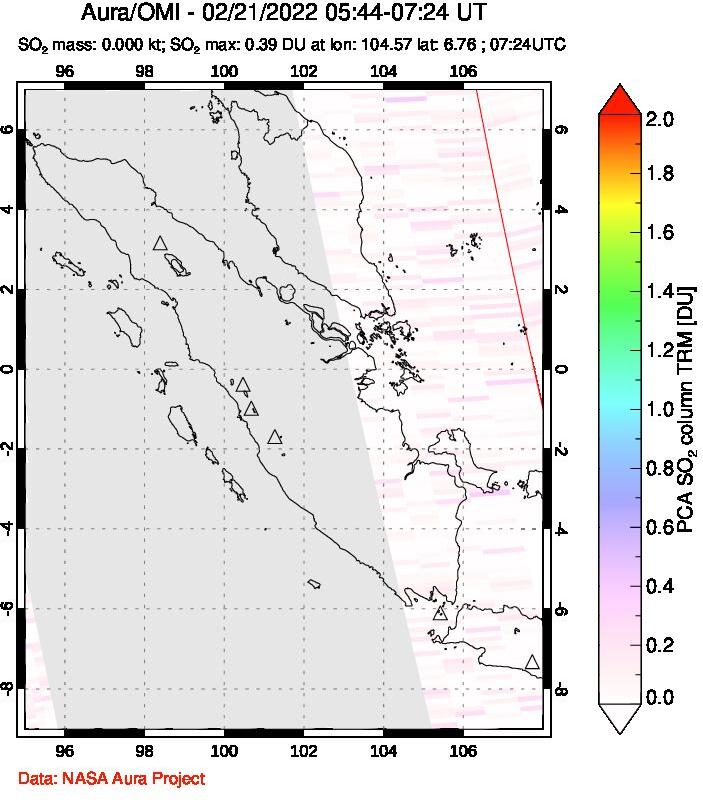 A sulfur dioxide image over Sumatra, Indonesia on Feb 21, 2022.