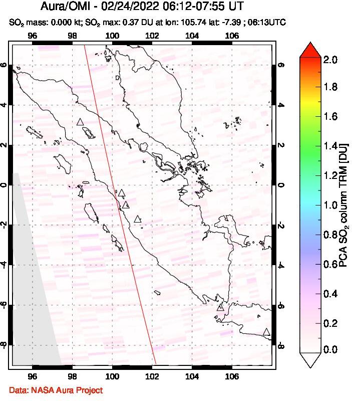 A sulfur dioxide image over Sumatra, Indonesia on Feb 24, 2022.