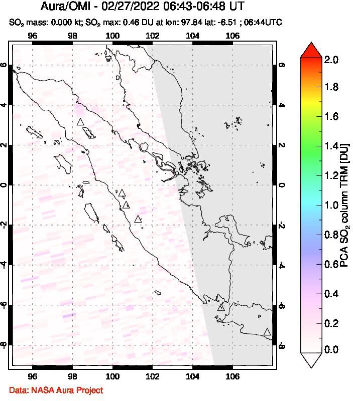 A sulfur dioxide image over Sumatra, Indonesia on Feb 27, 2022.