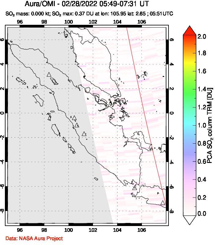 A sulfur dioxide image over Sumatra, Indonesia on Feb 28, 2022.