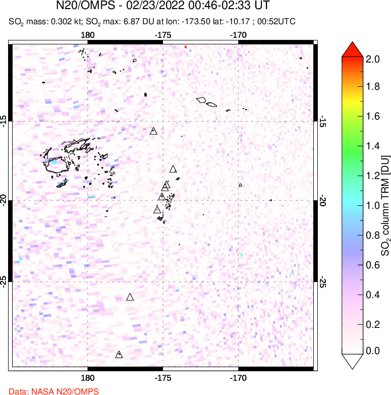 A sulfur dioxide image over Tonga, South Pacific on Feb 23, 2022.