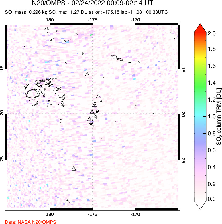 A sulfur dioxide image over Tonga, South Pacific on Feb 24, 2022.