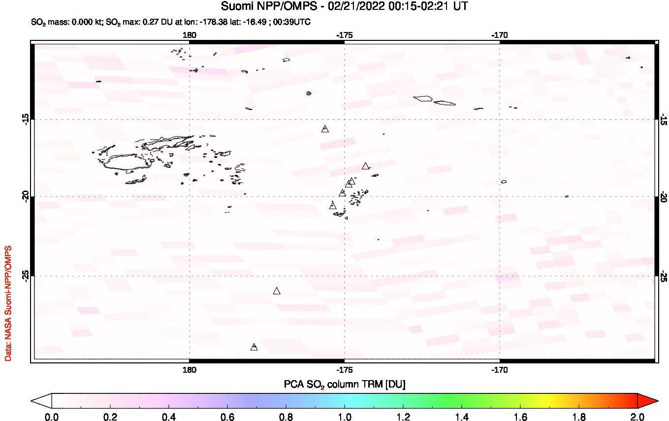 A sulfur dioxide image over Tonga, South Pacific on Feb 21, 2022.