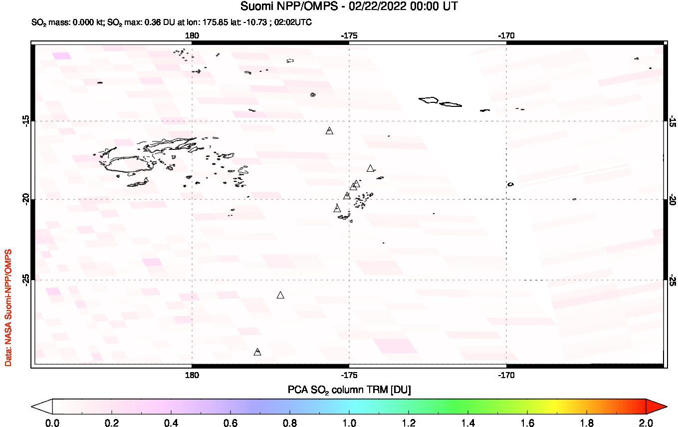 A sulfur dioxide image over Tonga, South Pacific on Feb 22, 2022.