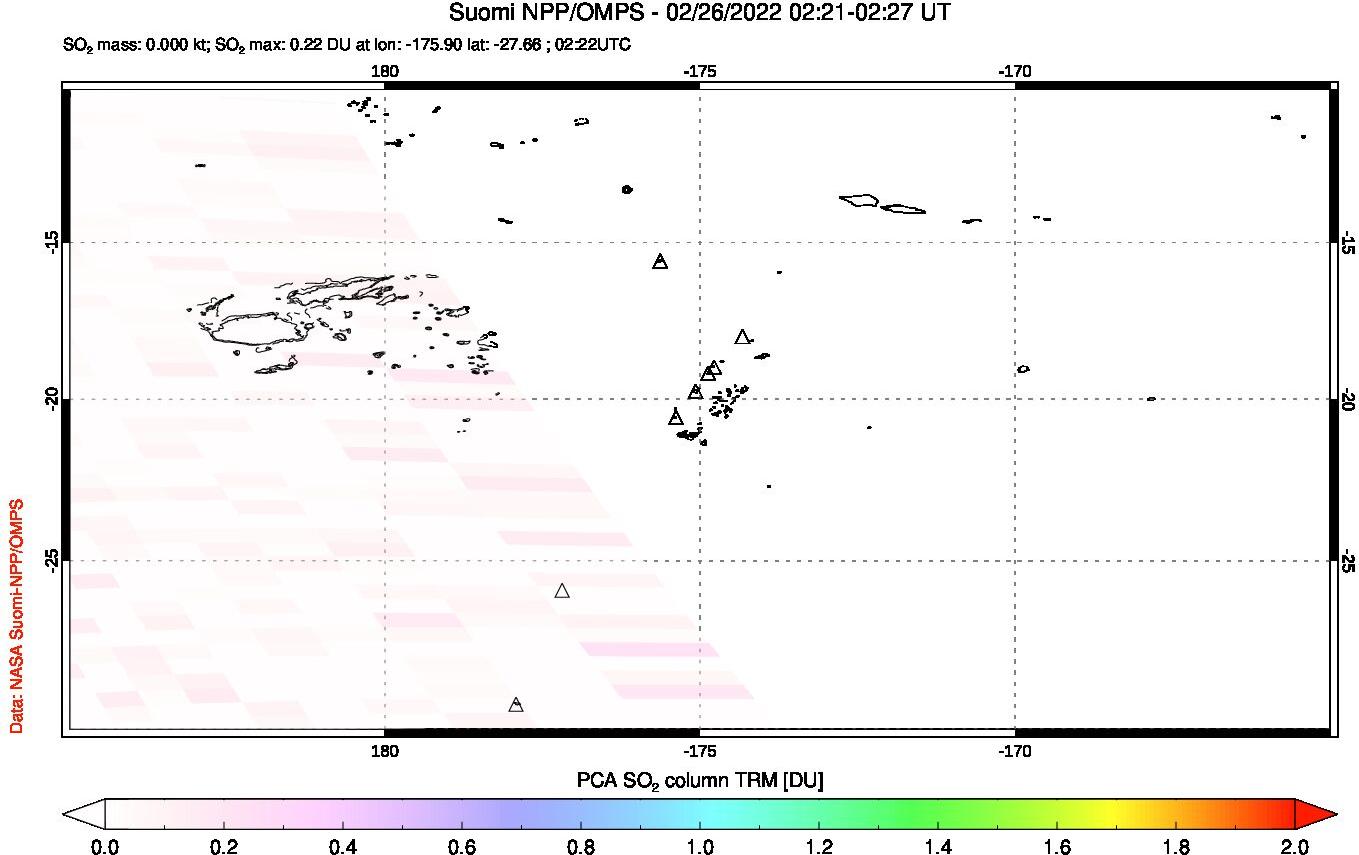 A sulfur dioxide image over Tonga, South Pacific on Feb 26, 2022.