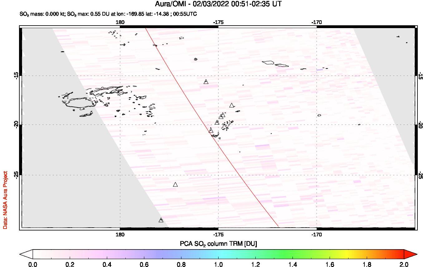A sulfur dioxide image over Tonga, South Pacific on Feb 03, 2022.