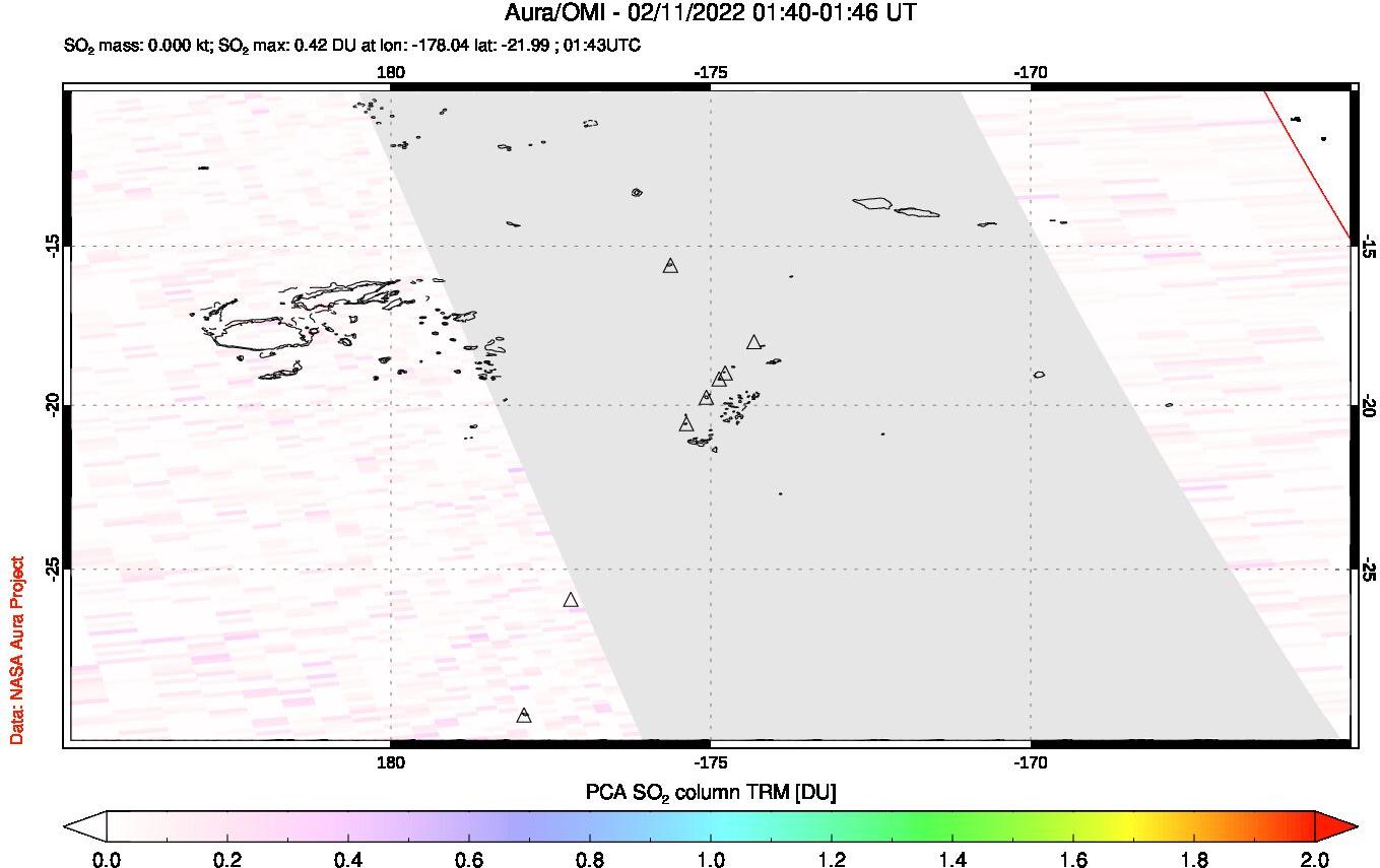 A sulfur dioxide image over Tonga, South Pacific on Feb 11, 2022.