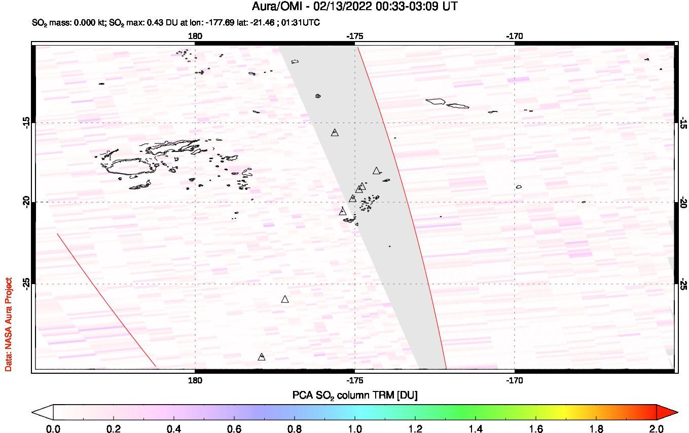 A sulfur dioxide image over Tonga, South Pacific on Feb 13, 2022.