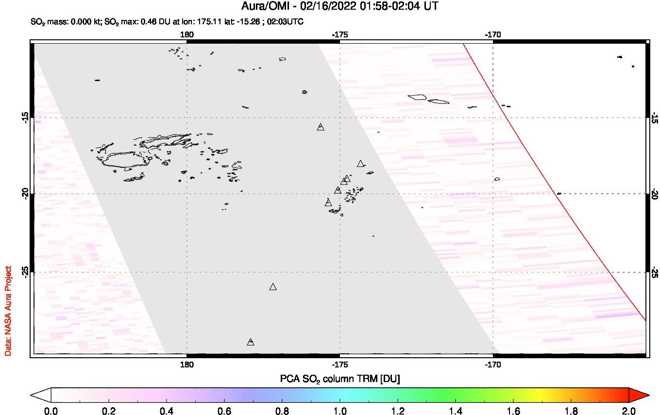 A sulfur dioxide image over Tonga, South Pacific on Feb 16, 2022.