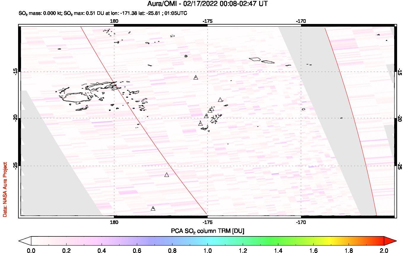 A sulfur dioxide image over Tonga, South Pacific on Feb 17, 2022.