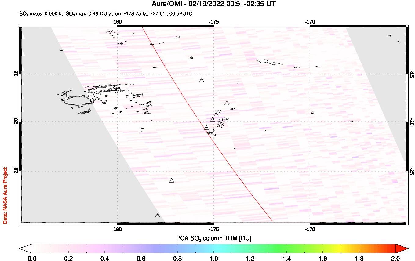 A sulfur dioxide image over Tonga, South Pacific on Feb 19, 2022.