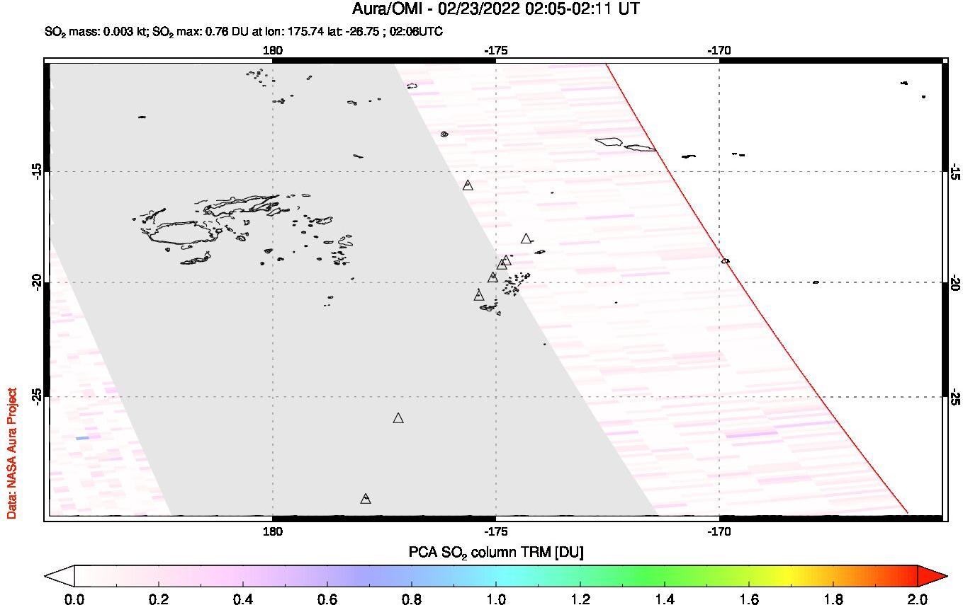 A sulfur dioxide image over Tonga, South Pacific on Feb 23, 2022.